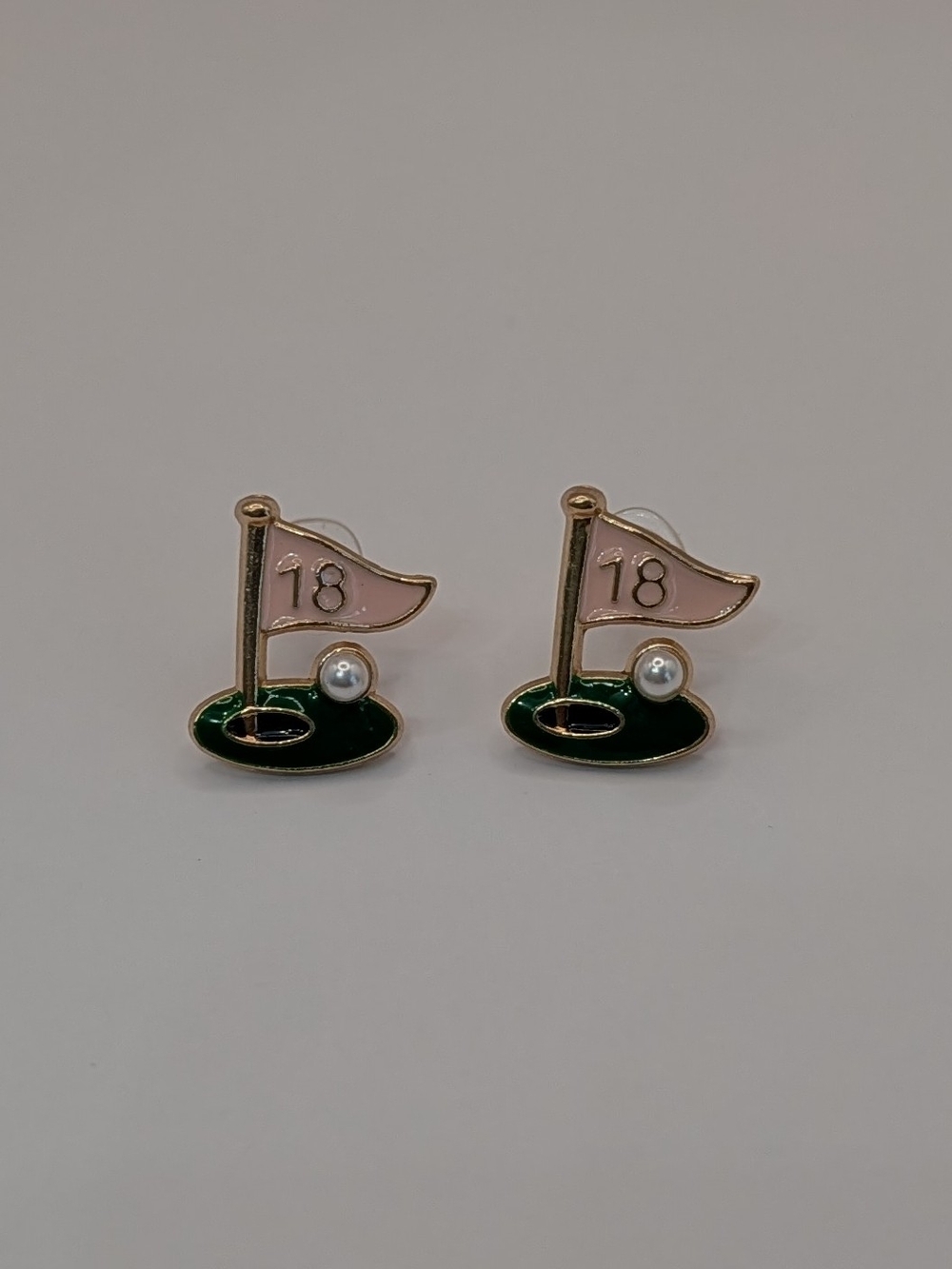 Golf 18 Flag Stud Earrings in Pink and Green Pearl Golf Ball - Picture 2 of 4